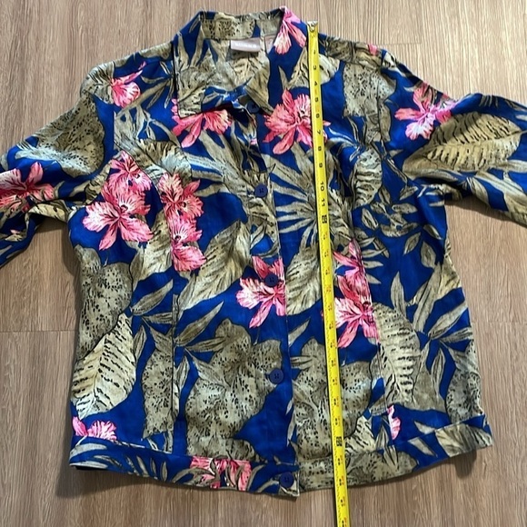 Chico's Women’s Jacket Large Blue 100% Linen Colorful Tropical Floral Coastal - Picture 11 of 13